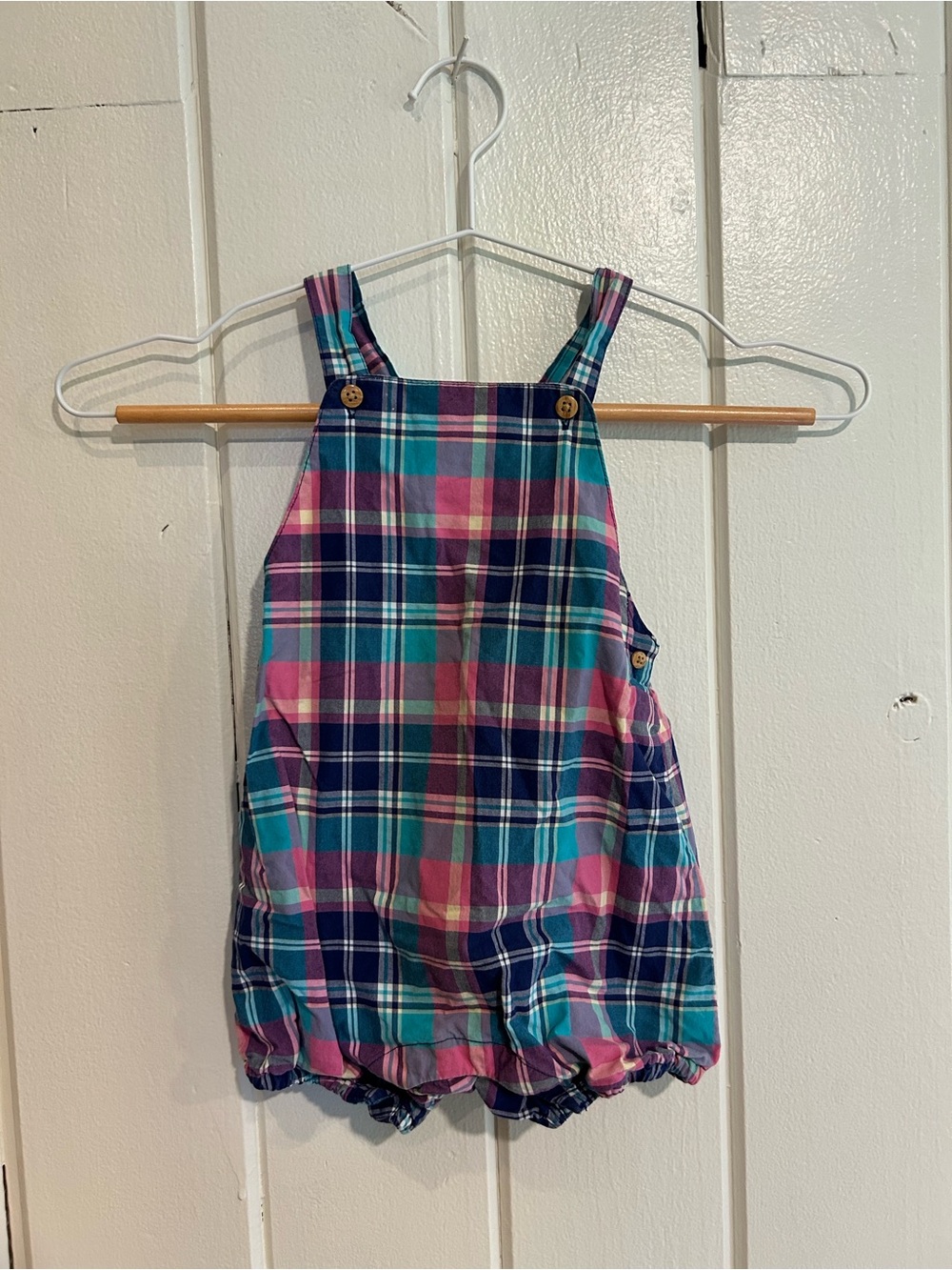Janie‎ and Jack Plaid Cotton Overalls in Pink, Navy & Teal